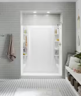This image shows a STORE+ 30 in. x 60 in. Single Threshold Left-Hand Shower Base with Shower Walls